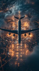 Wall Mural - an airplane over a city grid, surrounded by glowing lights and abstract patterns, blending technolog