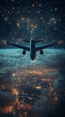 Wall Mural - an airplane traverses a star-filled sky, with visible network paths connecting its journey through t