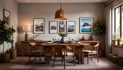 Mediterranean-inspired cozy dining space featuring rustic wooden table and elegant ceramic dinnerware radiating warmth and hospitality