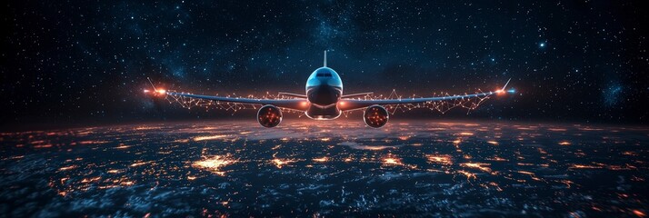 Wall Mural - an airplane’s silhouette cuts across a brightly lit, network-rich backdrop, symbolizing humanity’s r