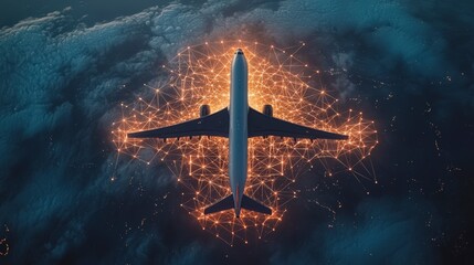 Wall Mural - seen from above, an airplane is nestled within a shimmering web of networks and lights, highlighting