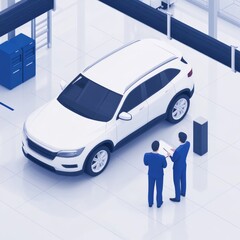 Two men inspecting a white SUV in a modern automotive workshop.