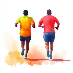 Two men running together, depicted in a colorful watercolor style.