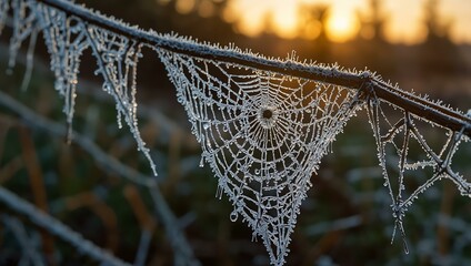 Frost melting on a cobweb at sunrise.