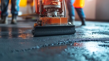 Concrete floor leveling with vibrating machine, team workers ensuring smooth surface, construction site workflow