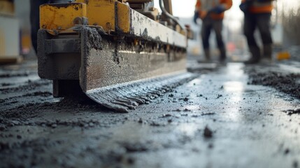 Concrete floor leveling with vibrating machine, team workers ensuring smooth surface, construction site workflow