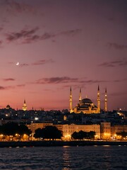 Wall Mural - Golden Horn at night with a mosque skyline in pink.