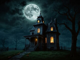 Halloween poster featuring a haunted house and moonlit sky.