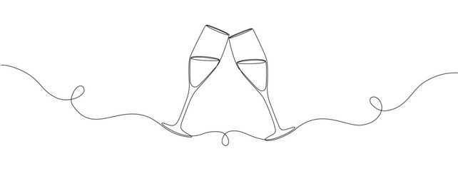 Poster - Two clinking champagne glasses. drawing continuous single line.  Vector Design for holidays, birthdays .