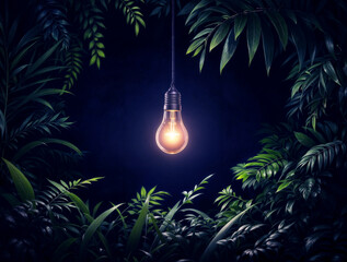 Hanging illuminated lightbulb surrounded by green leaves on a blue background