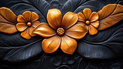 A close-up of a gold floral design carved into a black surface.