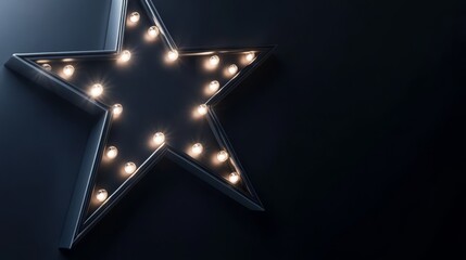 illuminated star: a five-pointed star, framed in dark metal, glows warmly against a deep blue-grey b