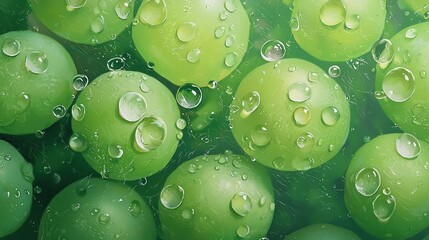 Wall Mural -   A group of green balls with water droplets on them, arranged in a consistent pattern, set against a green backdrop