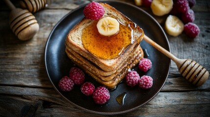 Poster - Delicious Toast with Fruit and Honey on Rustic Table