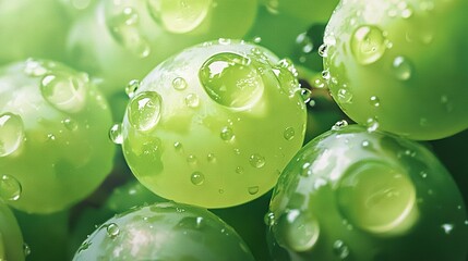 Wall Mural -   Close-up photo of juicy green grapes, water droplets on grape leaves