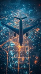 Wall Mural - a commercial jet navigates through the night sky above a luminous cityscape, its journey symbolizing