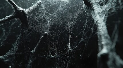 A close-up shot of a spider web with a dark background, showing intricate details and texture.