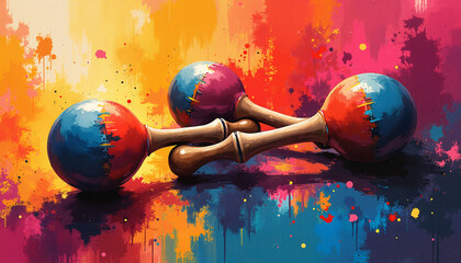 Colorful maracas lying on a vibrant splattered background, artistic musical instrument illustration