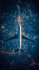 Wall Mural - a modern airplane flies over a sprawling cityscape, interconnected by glowing network lines, illustr