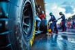 © Sinahil - Shot of a Formula 1 tire during a pit stop, with crew tools in the background, showcasing quick tire changes-1