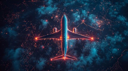 Wall Mural - an airplane glows as it journeys through a night sky, passing over a glowing city, illustrating the 
