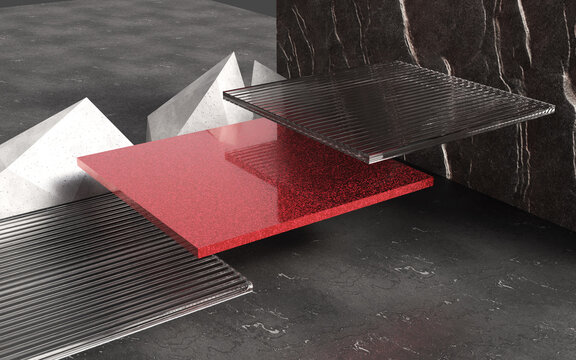 Podium of glass, product display background. 3d rendering of display podium. Podium 3d, stage pedestal or platform.