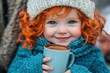 © PJ - Smiling baby girl with orange hair and blue dress drinking hot Coffee on a winter day.