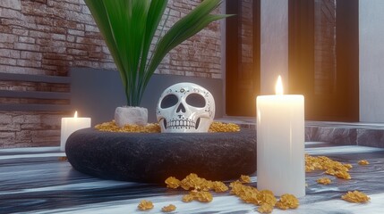 A sugar skull resting on a bed of marigold petals under a flickering candle