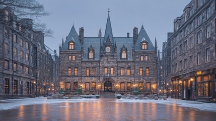 A grand, stone building with a clock tower stands in a snowy courtyard, lit by warm lamplight.