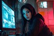 © PJ - a beautiful Asian and Hawaiian woman wearing a black tactical suit with a black hoodie focusing intently on content of the computer screen, neon colors with holographic images