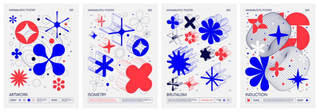 Brutalist style vector minimalistic Posters with silhouette basic figures, Retro futuristic graphic elements of geometrical shapes rave composition, Modern monochrome print artwork, set 71