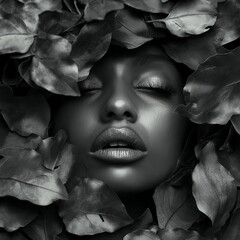 A woman's serene face, surrounded by leaves, creates an abstract composition of texture and natural beauty.