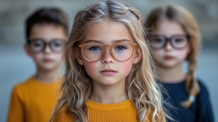 A group of three children, two with glasses, standing close together outdoors on a sunny day