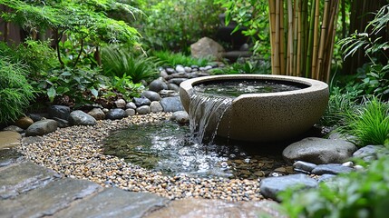 Wall Mural -   A garden with a water feature in the center and rocks surrounding it, along with a bamboo tree in the background