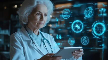 A portrait of an elderly female doctor using a tablet, with futuristic digital graphics illustrating online hospital systems and medical research