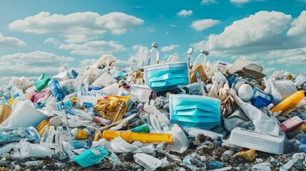 A Pile of Trash and Plastic Waste With Two Blue Surgical Masks