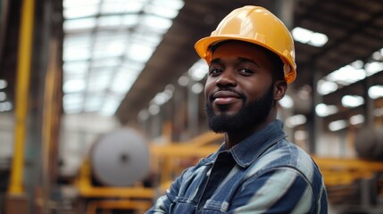 Joyful Afro American handyman wearing a hard hat engaged in work at an industrial facility