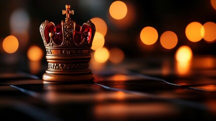 A golden crown with a red gem sits on a chessboard with warm lights in the background.