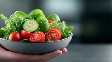 Wall Mural - Fresh garden salad with cucumbers, tomatoes, and onions served on a white plate