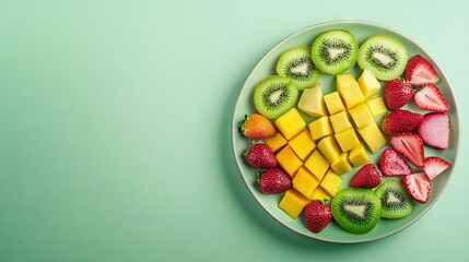 Wall Mural -   Plate with sliced kiwi, strawberries, and kiwifruits on light green background