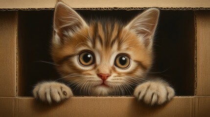 Poster - Adorable Kitten Peeking from Cardboard Box