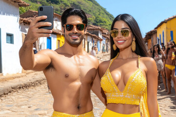 Couple taking selfie in sunny coastal town with colorful buildings and summer vibes