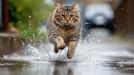 Poster - Playful Cat Running Through Puddles in Rain