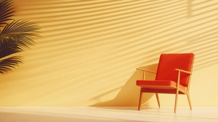 Poster - Cozy orange chair and lamp in modern interior with skyline view during daytime