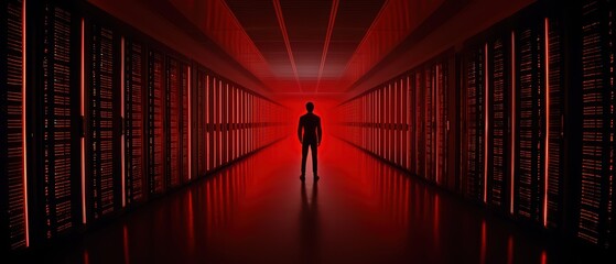 Poster - A figure stands in a dramatic red-lit data center, surrounded by rows of server racks.