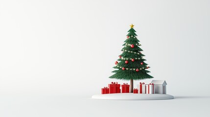 Wall Mural - Christmas tree with red gifts and a small house on a white isolated background.