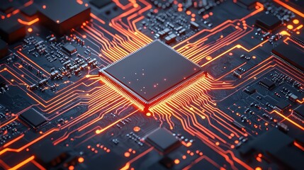 Poster - Close-up view of a computer chip with glowing circuits on a dark background.