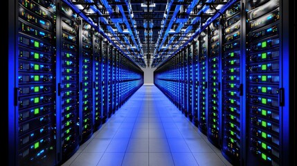 Poster - Data center corridor with rows of blue server racks and glowing indicators.