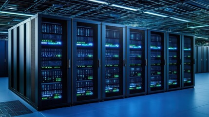 Poster - Data center with rows of servers equipped with advanced technology and illuminated panels.