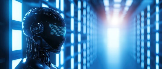 Poster - Futuristic robot in a high-tech corridor with glowing blue lights.